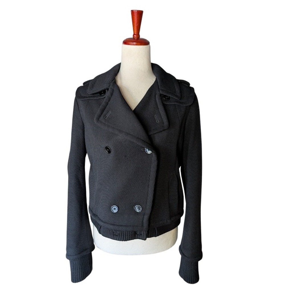 Vanessa Bruno Black Virgin Wool Cropped Pea Coat Jacket AAWV011 Size 38